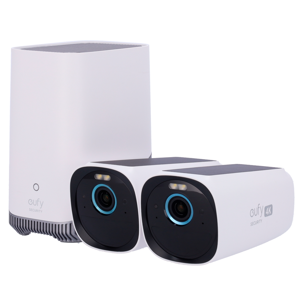 Kit 2 Telecamere solari + 1 HomeBase Eufy di Anker - 4K /Rilevamento di persone, animali domestici e veicoli - HomeBase WiFi con sirena - Storage integrato 16 GB   - Autonomia illimitata - Adatta per esterni IP67