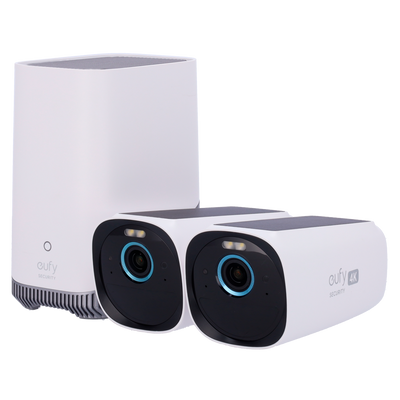 Kit 2 Telecamere solari + 1 HomeBase Eufy di Anker - 4K /Rilevamento di persone, animali domestici e veicoli - HomeBase WiFi con sirena - Storage integrato 16 GB   - Autonomia illimitata - Adatta per esterni IP67