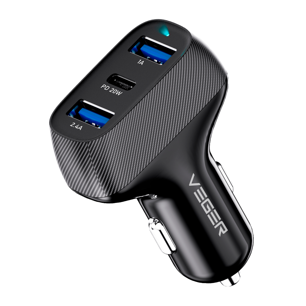 VEGER - Accendisigari per auto - Potenza 37W - Ricarica veloce 20W - Uscite 2 USB-A, USB-C - Colore nero