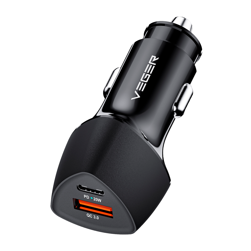 VEGER - Accendisigari per auto - Potenza 38W - Ricarica veloce 20W - Uscite USB-C, USB-A - Colore nero