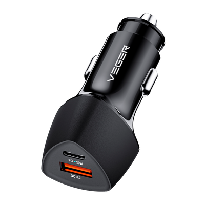 VEGER - Accendisigari per auto - Potenza 38W - Ricarica veloce 20W - Uscite USB-C, USB-A - Colore nero