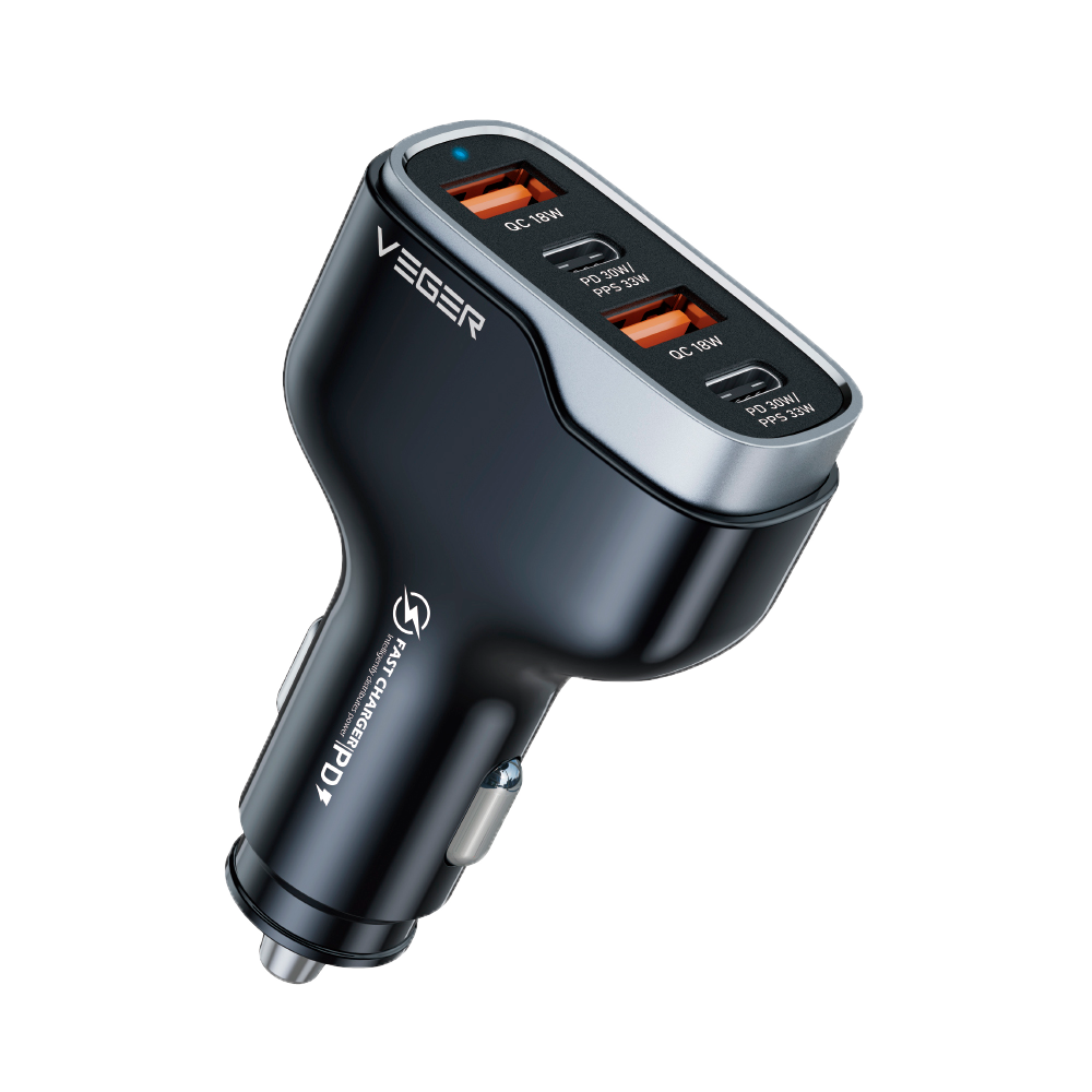 VEGER - Accendisigari per auto - Potenza 66W - Ricarica veloce 30W - Uscite 2 USB-C, 2 USB-A  - Colore nero