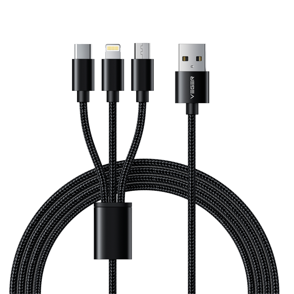 Veger -  Cavo USB 3 in 1 - USB-A a USB-C, Lightning e Micro-USB - Guaina in metallo, Nylon intrecciato  - Lunghezza 1.5m