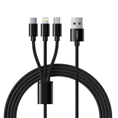 Veger -  Cavo USB 3 in 1 - USB-A a USB-C, Lightning e Micro-USB - Guaina in metallo, Nylon intrecciato  - Lunghezza 1.5m