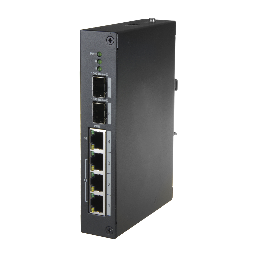 Switch PoE X-Security - 4 porte PoE + 2 porte SFP di fibra - Velocità 10/100 Mbps - 60W porta 4 / 30W porta 1-3 / Massimo 96W - Hi-PoE / IEEE802.3at (PoE+) / af (PoE+) - Montaggio su guida DIN