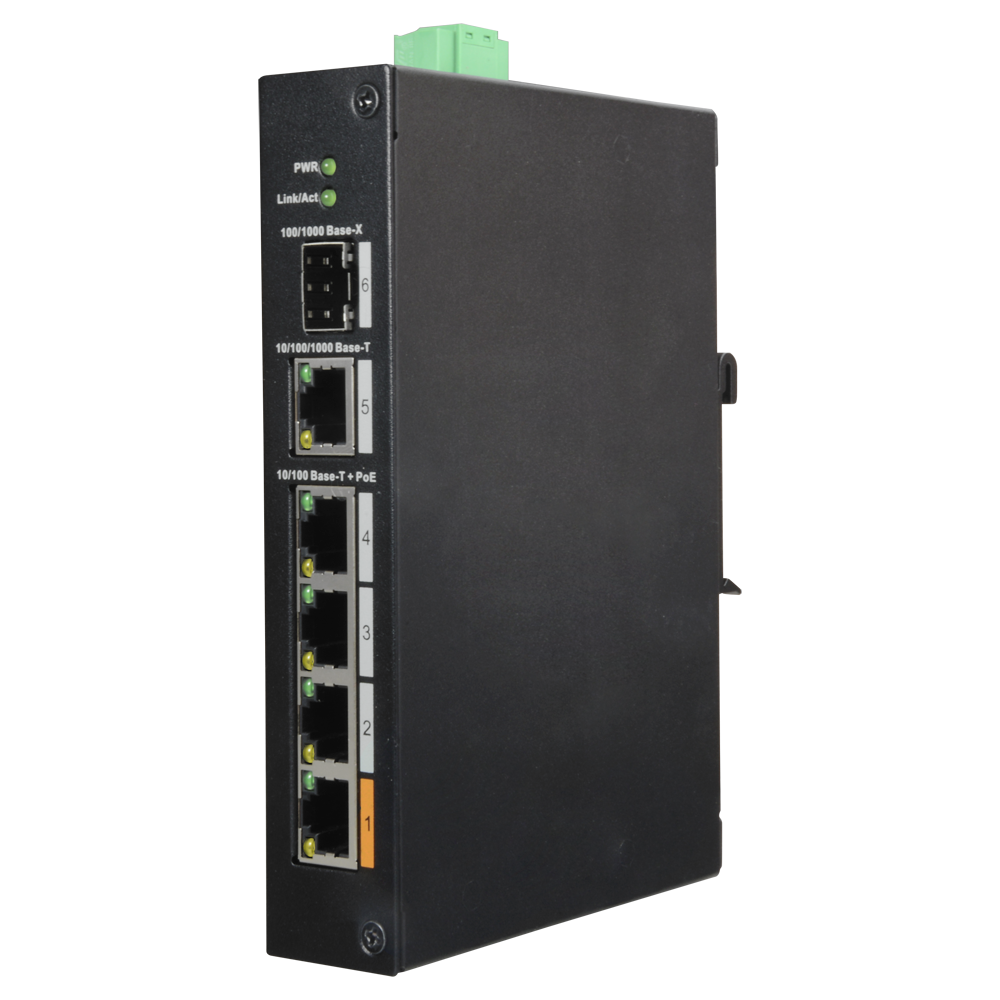 Switch PoE X-Security - 4 porte PoE +1  SFP +1 Uplink Gigabit - Velocità 10/100/1000 Mbps - 60W porta 1 / 30W porta 2-4 / Massimo 60W - Hi-PoE / IEEE802.3at (PoE+) / af (PoE) - Montaggio su guida DIN