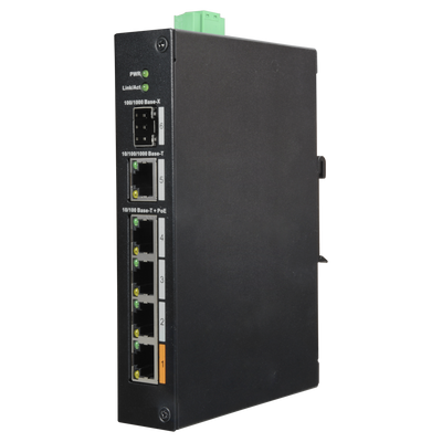 Switch PoE X-Security - 4 porte PoE +1  SFP +1 Uplink Gigabit - Velocità 10/100/1000 Mbps - 60W porta 1 / 30W porta 2-4 / Massimo 60W - Hi-PoE / IEEE802.3at (PoE+) / af (PoE) - Montaggio su guida DIN