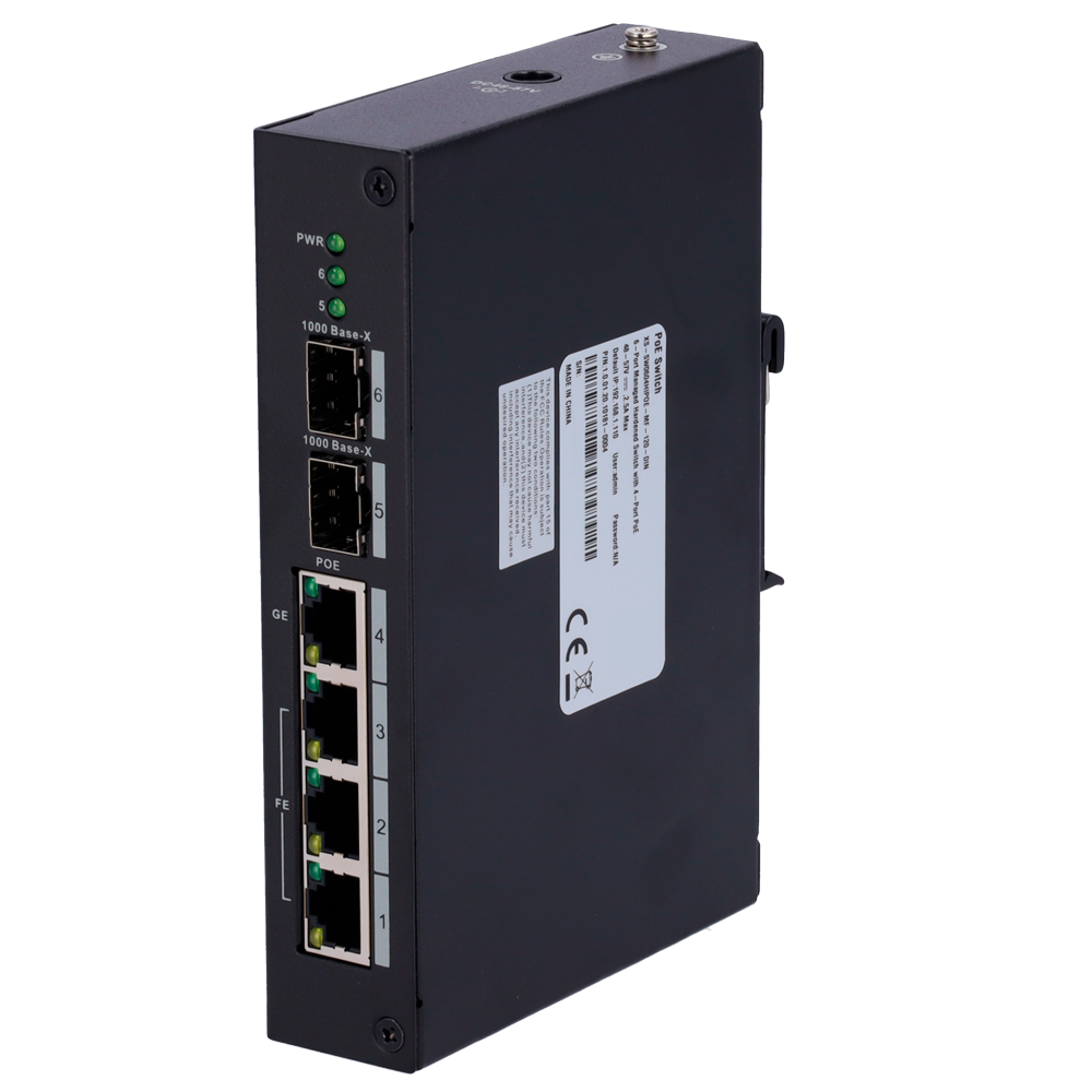 Switch PoE X-Security - 3 porte FE + 1GE + 2  SFP GE - 60W porta 4 / 30W porta 1-3/ Massimo 120W - Hi-PoE / IEEE802.3at (PoE+) / af (PoE) - Montaggio su guida DIN - VLAN/STP/RSTP/SNMP/Loop Detection