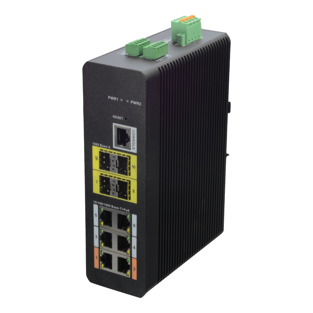 Switch HiPoE X-Security - 6 porte PoE (RJ45) + 4 porta Uplink (SFP) - Velocità 10/100/1000 Mbps - 2 Porte Hi-PoE / Consumo massimo 120W - VLAN/STP/RSTP/MSTP/ACL/QoS/802.1X - LACP/Static LAG/DHCP Snooping/DHCP Server