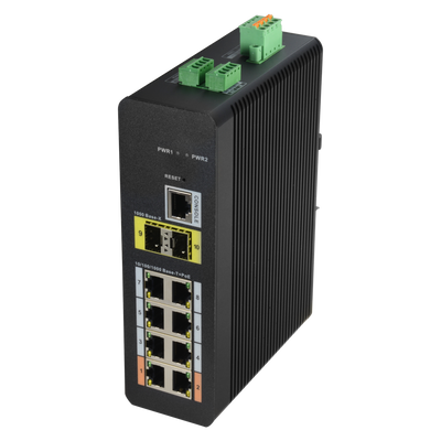 Switch PoE X-Security su Guida DIN - 8 porte PoE RJ45 + 2 porte SFP di fibra - Velocità 10/100/1000 Mbps - 90W porta 1-2 / 30W porta 3-8 / Massimo 120W - Hi-PoE / IEEE802.3at PoE+ / af PoE / IEEE802.3bt - VLAN/STP/RSTP/MSTP/LACP/StaticLAG/QoS/LoopDetect