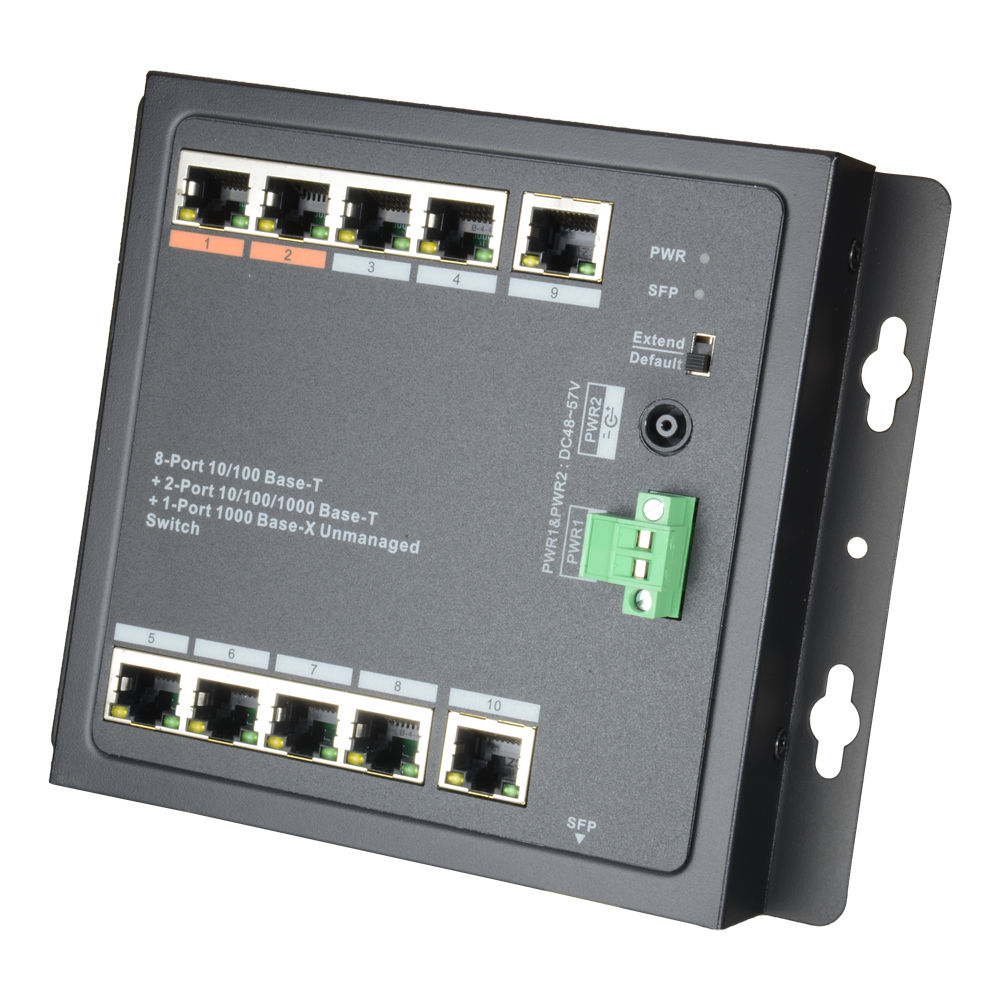 Switch HiPoE X-Security - 8 porte PoE + 2 Uplink (RJ45) + 1 Uplink (SFP) - 8x 10/100Mbps + 2x 10/100/1000Mbps + 1 SFP Giga - 2 Porte Hi-PoE + 6 Porte PoE+ - Consumo massimo 96 W - Installazione a parete