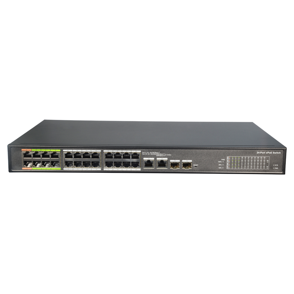 Switch ePoE X-Security - 24 porte PoE + 2 Gigabit Combo Port - Fino a 800 metri di trasmissione - 60 W per porta (1&amp;2) / Massimo 360W - VLAN/STP/RSTP/QoS/802.1X - LACP/Static LAG/Port Mirroring