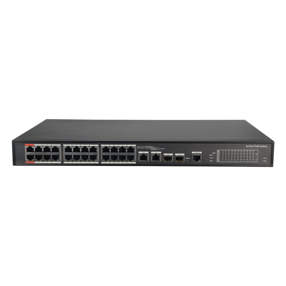 Switch PoE X-Security adatto per rack - 24 porte PoE + 2 Gigabit Combo Port - Velocità 10/100 Mbps - 90W porte 1 y 2 / 30W porte 3-24 / Massimo 240W - VLAN/STP/RSTP/QoS/802.1X - LACP/Static LAG/IGMP Snooping/Port Mirroring