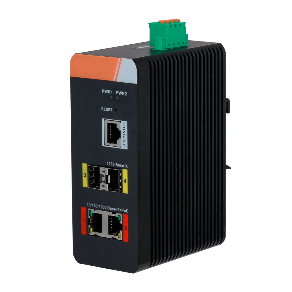 Switch PoE X-Security su Guida DIN - 2 porte PoE RJ45 + 2 SFP - Velocità 10/100/1000 Mbps - 90W porte 1-2 / Potenza massima totale 120W - PoE / PoE+ / Hi-PoE / Fino a 250m / PoE Watchdog - VLAN/STP/RSTP/ERPS/LACP/StaticLAG/IGMP Snooping