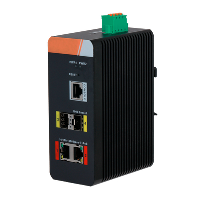 Switch PoE X-Security su Guida DIN - 2 porte PoE RJ45 + 2 SFP - Velocità 10/100/1000 Mbps - 90W porte 1-2 / Potenza massima totale 120W - PoE / PoE+ / Hi-PoE / Fino a 250m / PoE Watchdog - VLAN/STP/RSTP/ERPS/LACP/StaticLAG/IGMP Snooping