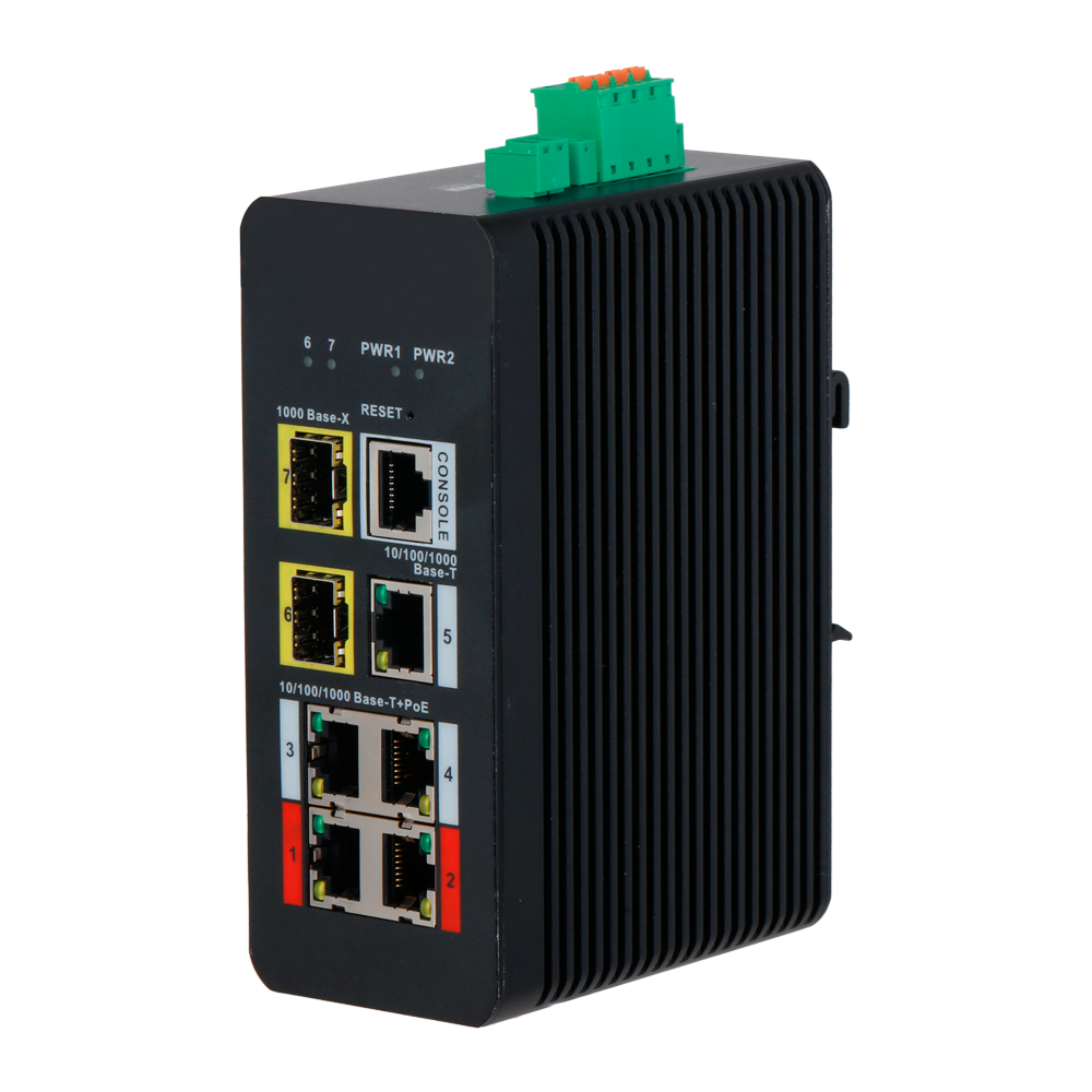 Switch PoE X-Security su Guida DIN - 4 porte PoE RJ45 + 1 porta RJ45 + 2 SFP - Velocità 10/100/1000 Mbps - 90W porte 1-2 / 30W porte 3-4 / Massimo 120W - PoE/PoE+/Hi-PoE / Fino a 250m / PoE Watchdog - VLAN/STP/RSTP/ERPS/LACP/StaticLAG/IGMP Snooping