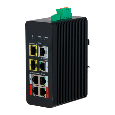 Switch PoE X-Security su Guida DIN - 4 porte PoE RJ45 + 1 porta RJ45 + 2 SFP - Velocità 10/100/1000 Mbps - 90W porte 1-2 / 30W porte 3-4 / Massimo 120W - PoE/PoE+/Hi-PoE / Fino a 250m / PoE Watchdog - VLAN/STP/RSTP/ERPS/LACP/StaticLAG/IGMP Snooping