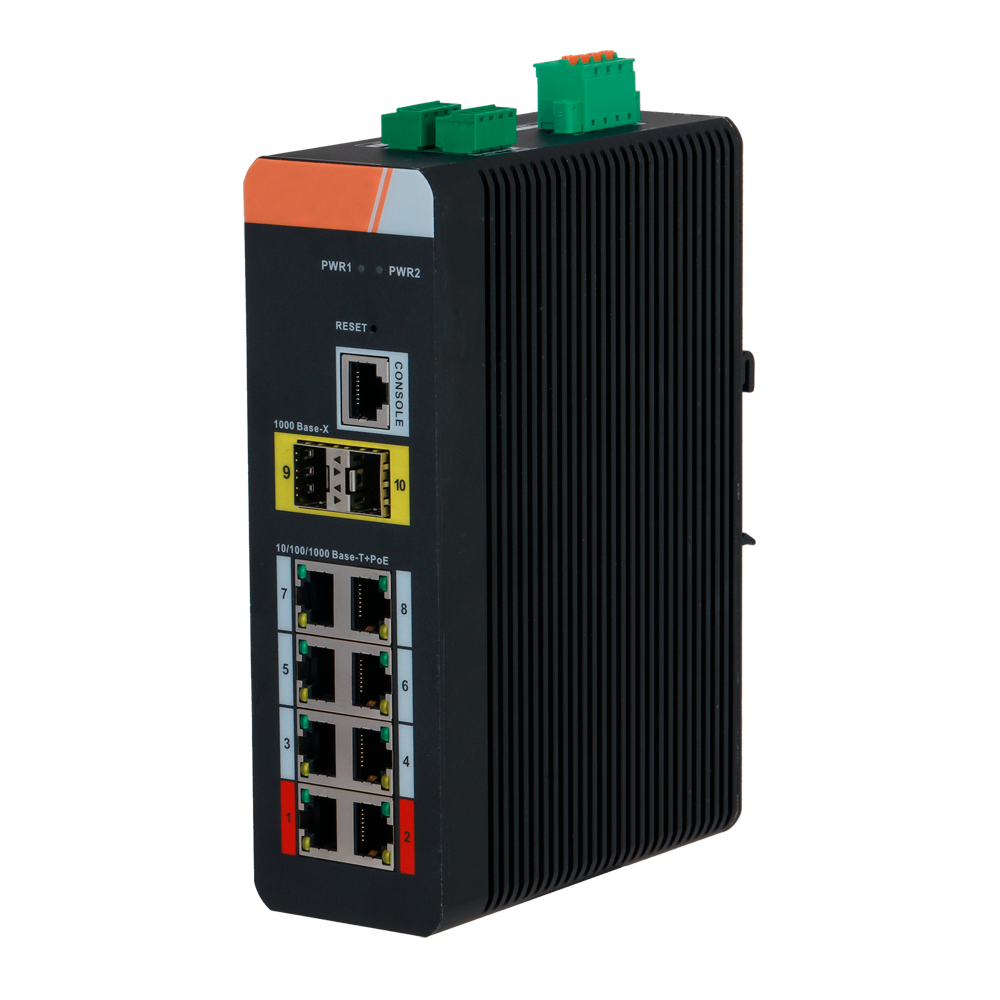 Switch PoE X-Security su Guida DIN - 8 porte PoE RJ45 + 2  porte SFP - Velocità 10/100/1000 Mbps - 90W porte 1-2 / 30W porte 3-8 / Massimo 120W - PoE/PoE+/Hi-PoE / Fino a 250m / PoE Watchdog - VLAN/STP/RSTP/ERPS/LACP/StaticLAG/IGMP Snooping