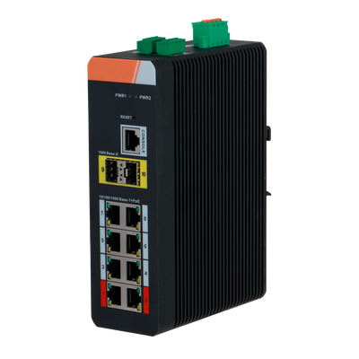 Switch PoE X-Security su Guida DIN - 8 porte PoE RJ45 + 2  porte SFP - Velocità 10/100/1000 Mbps - 90W porte 1-2 / 30W porte 3-8 / Massimo 120W - PoE/PoE+/Hi-PoE / Fino a 250m / PoE Watchdog - VLAN/STP/RSTP/ERPS/LACP/StaticLAG/IGMP Snooping