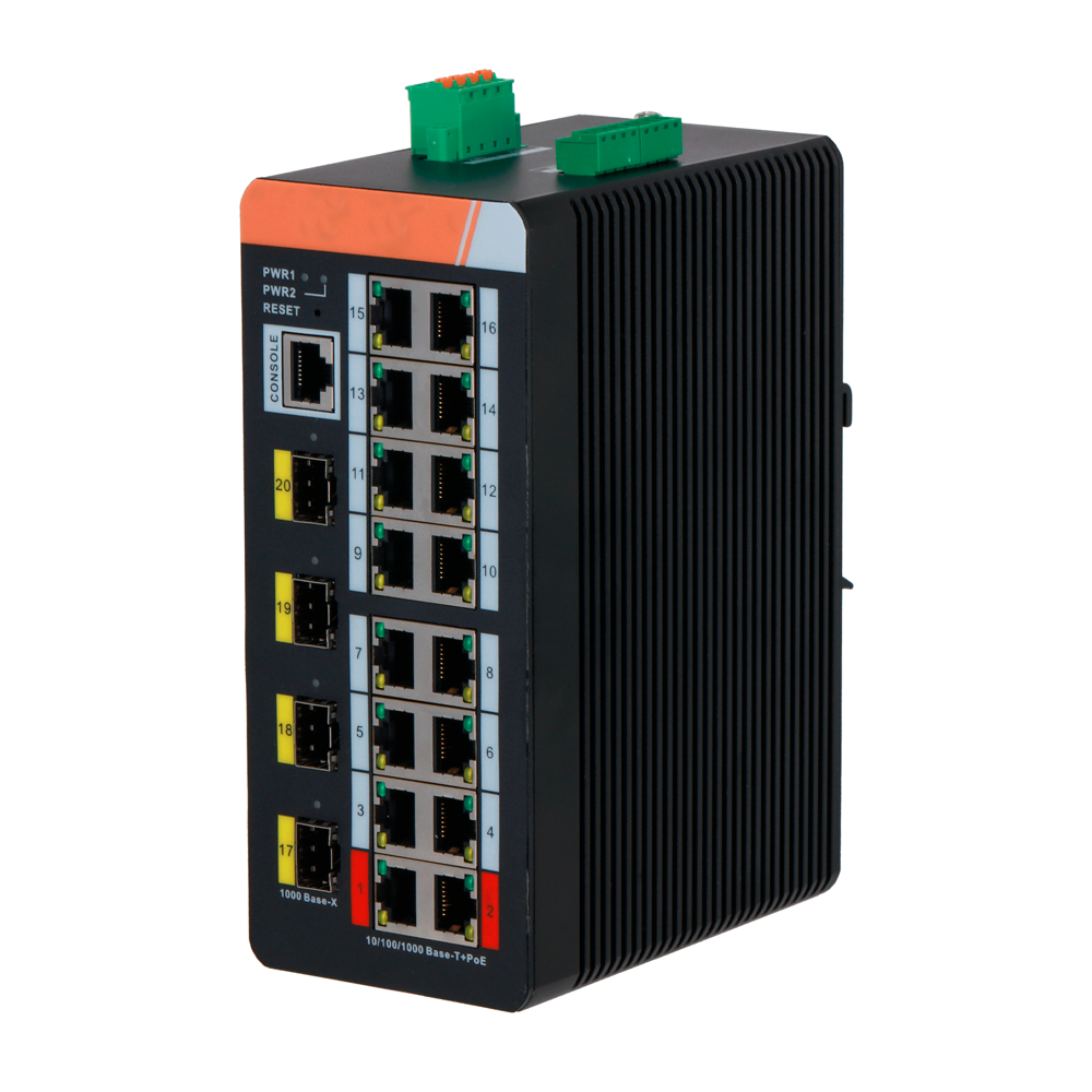 Switch PoE X-Security su Guida DIN - 16 porte PoE RJ45 + 4 porte SFP - Velocità 10/100/1000 Mbps - 90W porte 1-2 / 30W porte 3-8 / Massimo 120W - PoE/PoE+/Hi-PoE / Fino a 250m / PoE Watchdog - VLAN/STP/RSTP/ERPS/LACP/StaticLAG/IGMP Snooping