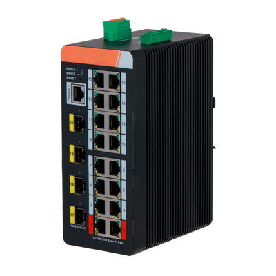 Switch PoE X-Security su Guida DIN - 16 porte PoE RJ45 + 4 porte SFP - Velocità 10/100/1000 Mbps - 90W porte 1-2 / 30W porte 3-8 / Massimo 120W - PoE/PoE+/Hi-PoE / Fino a 250m / PoE Watchdog - VLAN/STP/RSTP/ERPS/LACP/StaticLAG/IGMP Snooping