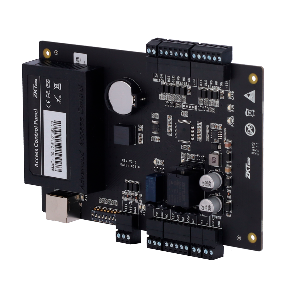 Controller di accessi RFID - Accesso con scheda o password - Comunicazione TCP/IP e RS485 - 2 lettori Wiegand - Uscita relè per 1 porta - Software ZKBioCV