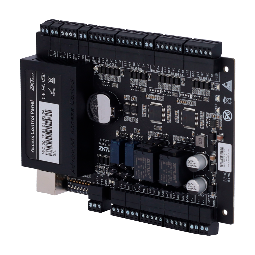 Controller di accessi RFID - Accesso con scheda o password - Comunicazione TCP/IP e RS485 - 4 lettori Wiegand - Uscita relè per 2 porte - Software ZKBioCV