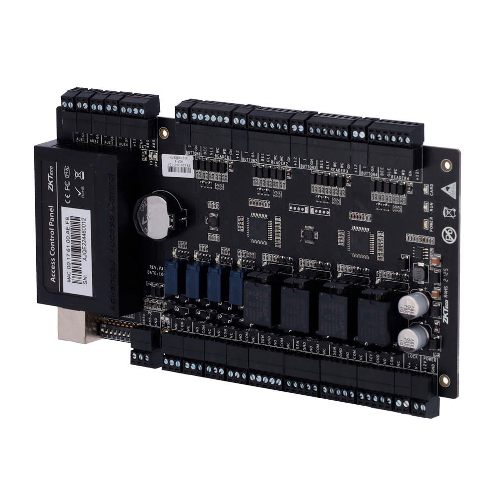 Controller di accessi RFID - Accesso con scheda o password - Comunicazione TCP/IP e RS485 - 4 lettori Wiegand - Uscita relè per 4 porte - Software ZKBioCV